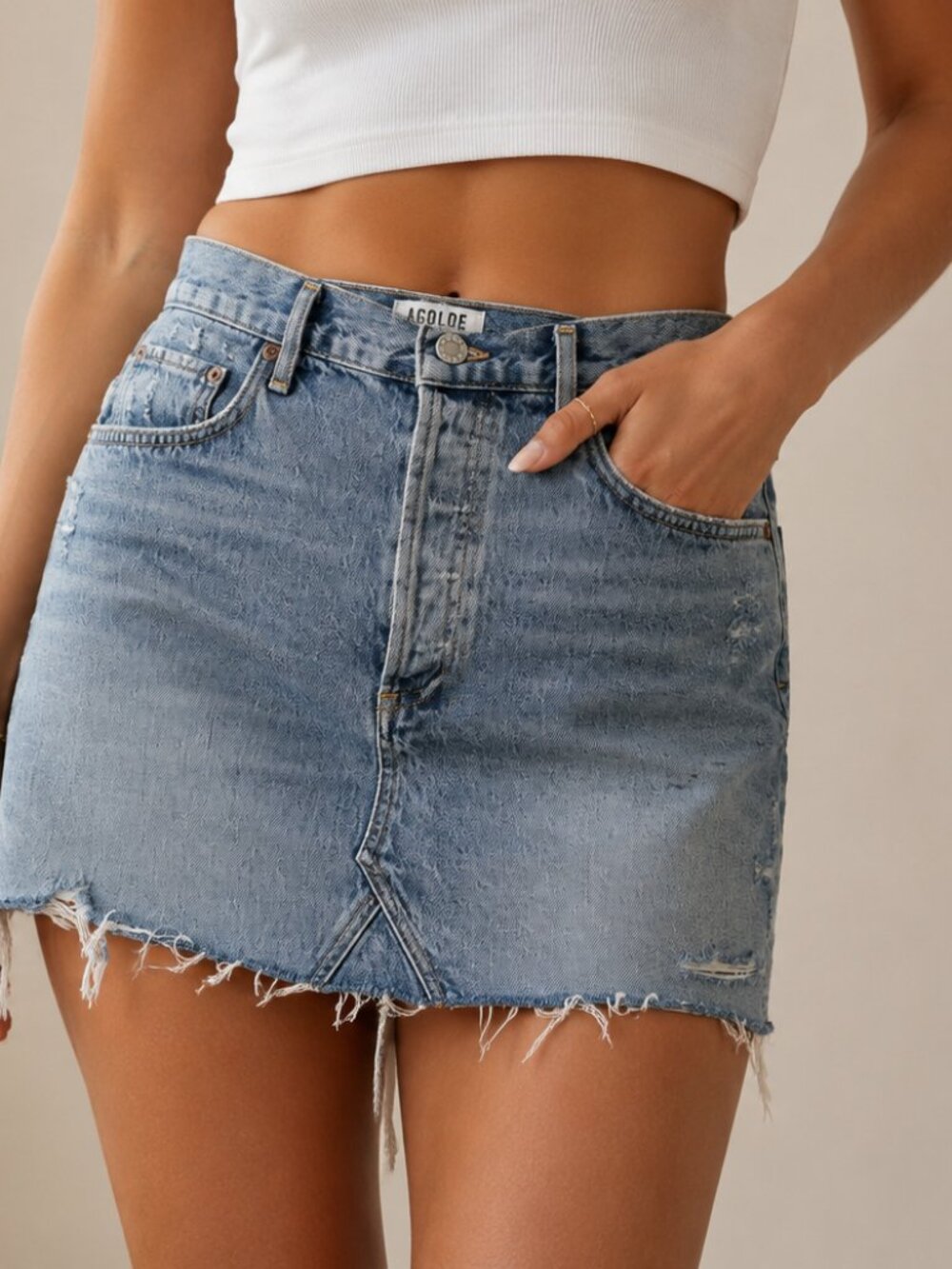 Agolde Quinn High Rise Distressed Button Fly Mini Skirt Women’s Size 29 Preppy